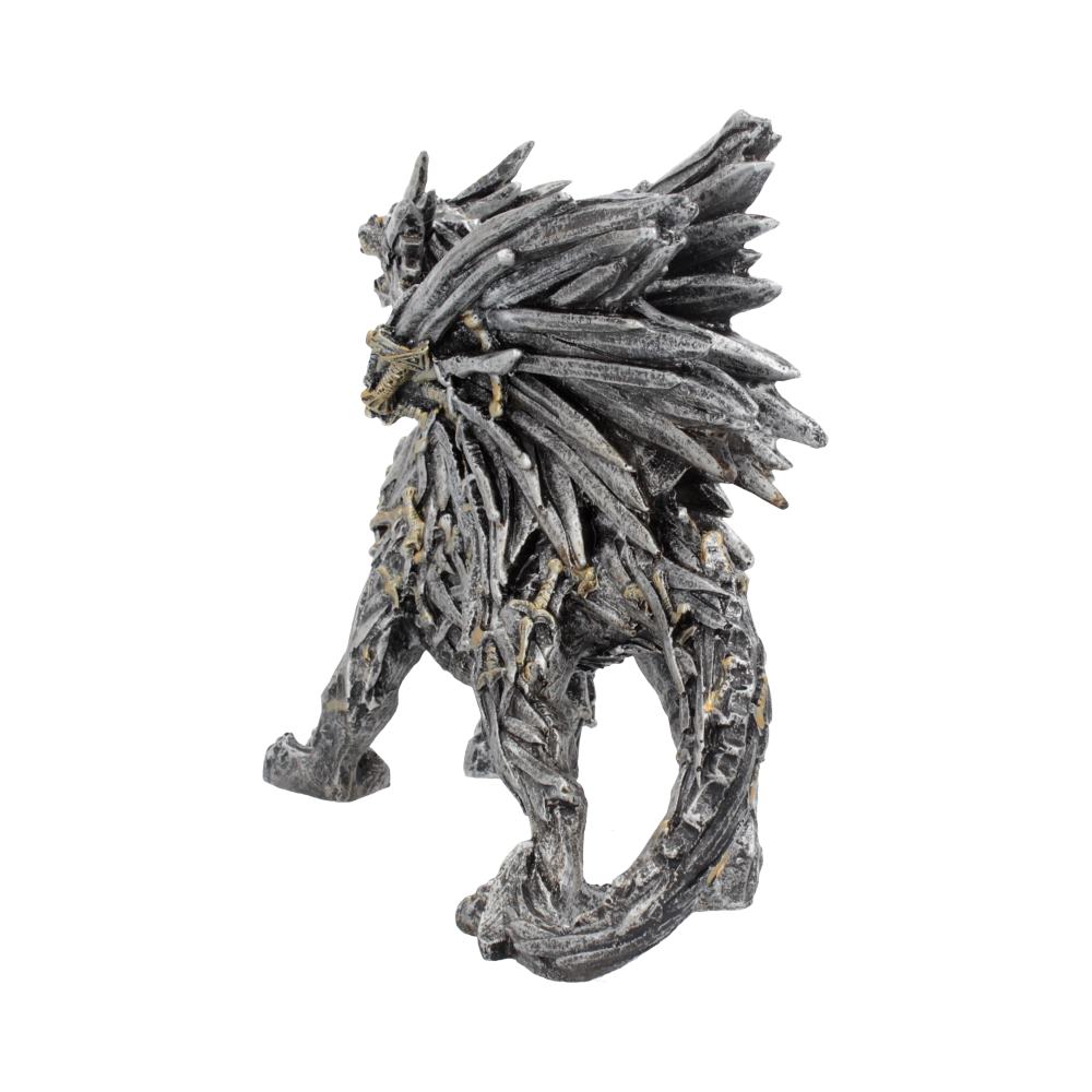 A small fantasy dragon, sculpted with textured gray metal-like surfaces and subtle gold accents, shown against a plain white background.