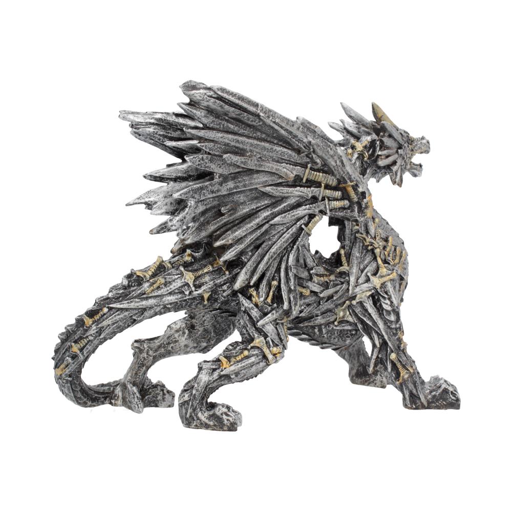 A detailed fantasy dragon figurine, featuring textured scales, a large wing, and small gold accents, shown against a plain white background.