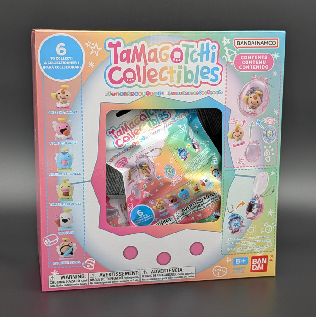 Tamagatchi Collectibles toy packaging box by Bandai Namco, featuring a colorful design with character illustrations and a clear window showing the packaged collectible inside, set against a dark gray background.