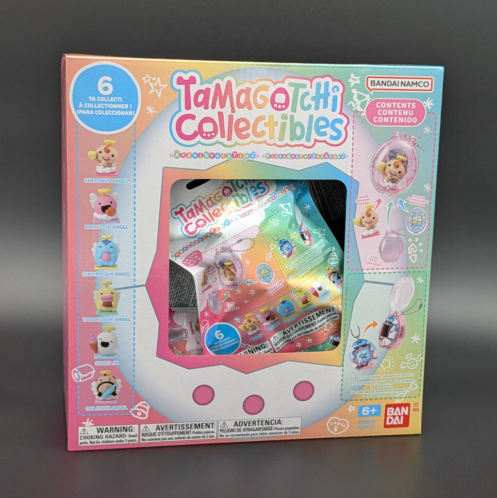 Bandai Namco Tamagotchi Collectibles toy package containing a mini blind bag, photographed on a dark gray background.