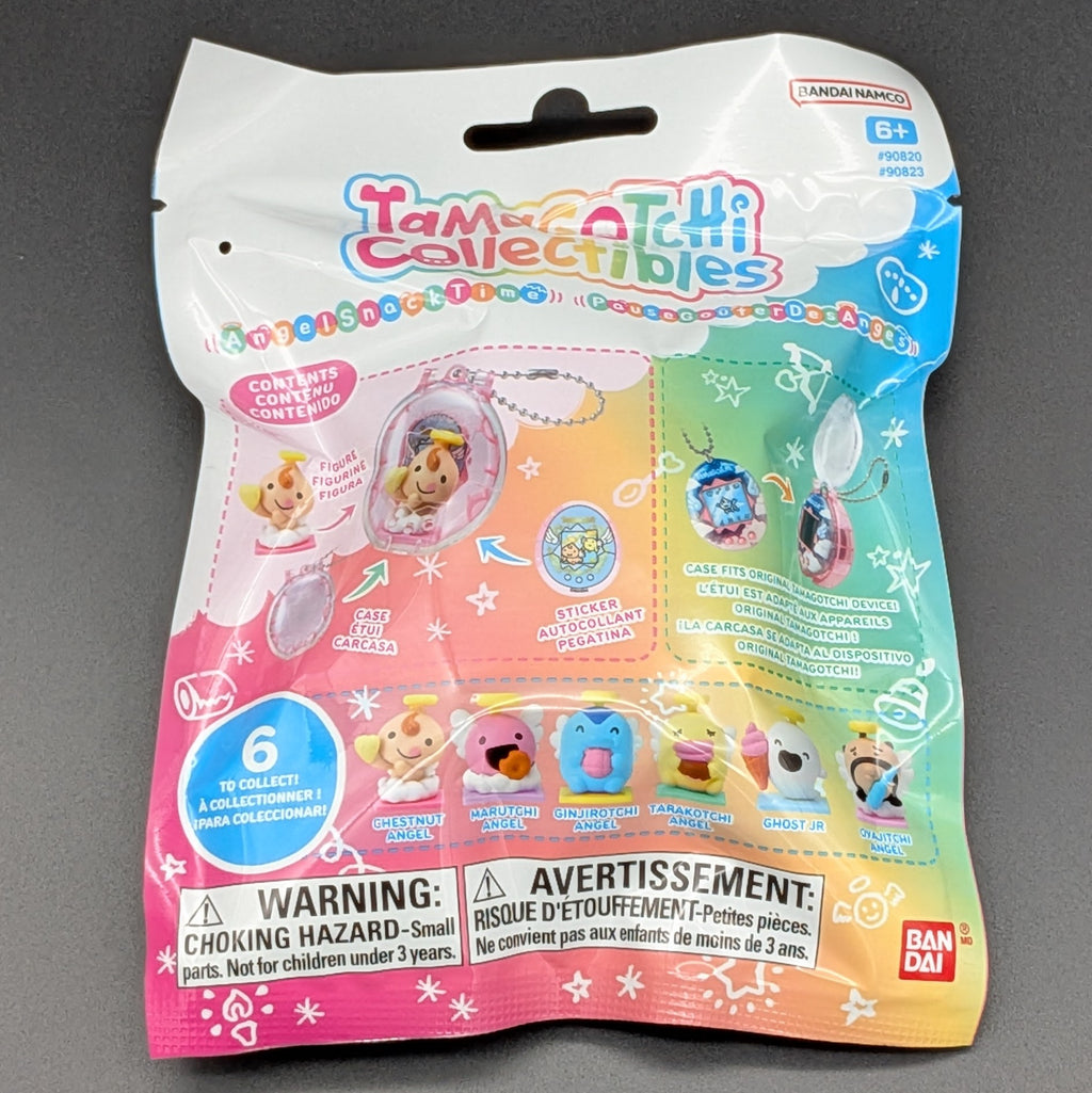 A sealed Tamagotchi Collectibles blind bag package on a dark grey background. The packaging is white at the top with a pastel rainbow gradient across the center and lower section, featuring character illustrations and product examples.