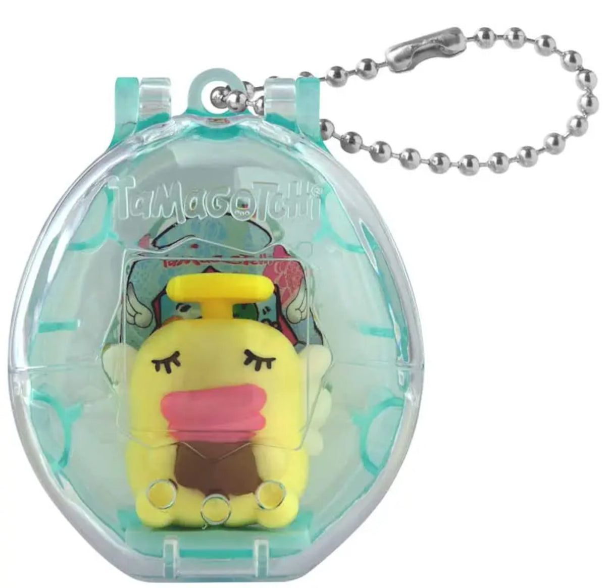 A small yellow duck-shaped Tamagotchi  charm or keychain accessory inside a clear plastic egg shaped case with a silver ball chain, shown on a plain white background.