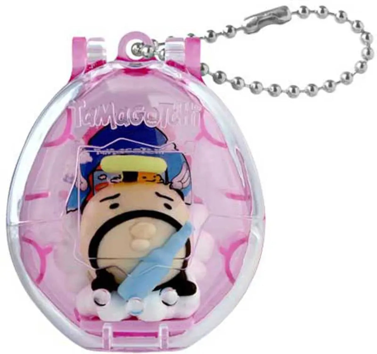 A pink and clear plastic Tamagotchi keychain featuring a small character figure inside, with a silver ball chain attached, on a plain white background.
