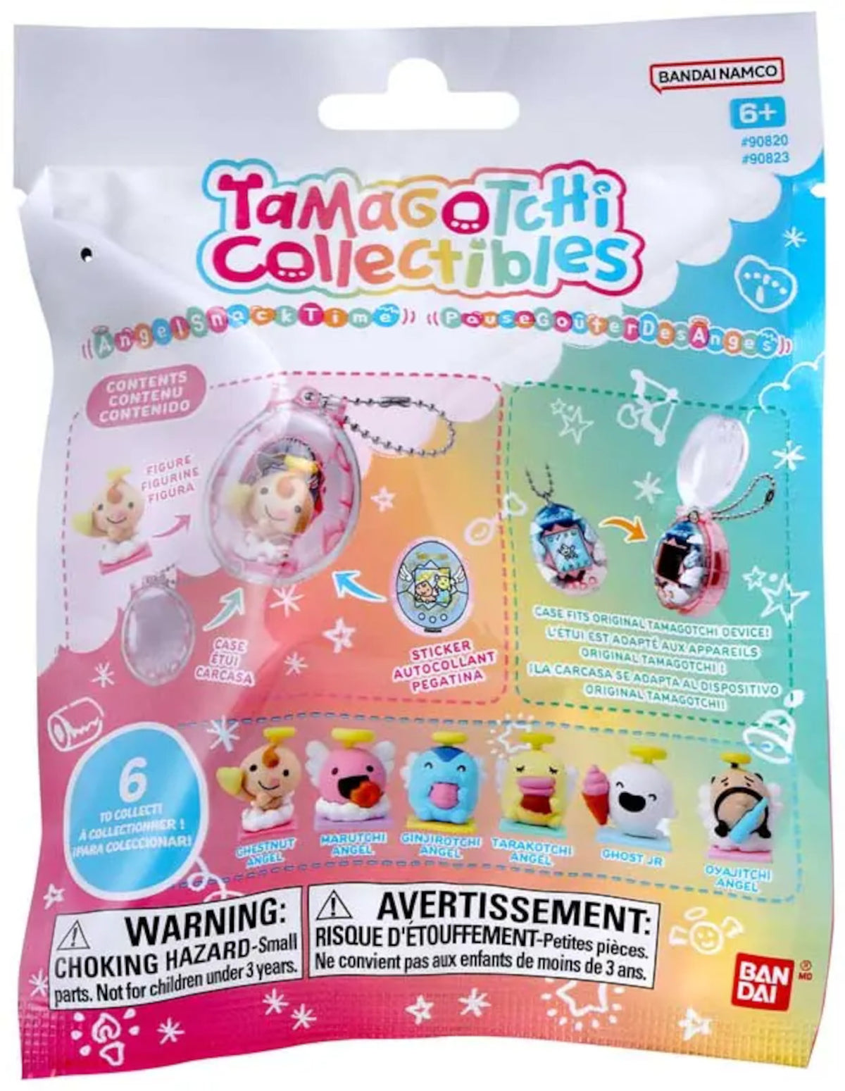 Tamagotchi Collectibles blind bag packaging by Bandai Namco, featuring colorful character graphics and illustrations of collectible figures and accessories.