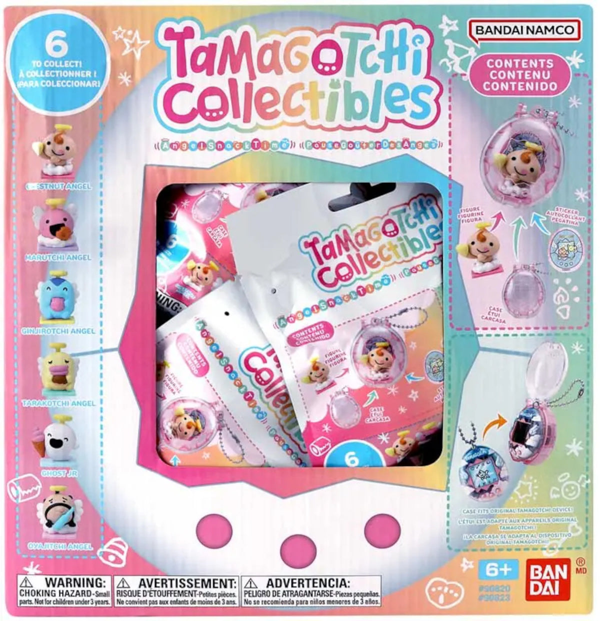 Bandai Namco Tamagotchi Collectibles 6-pack toy set in its original retail packaging, featuring pink and white blind bags with small Tamagotchi figures inside.