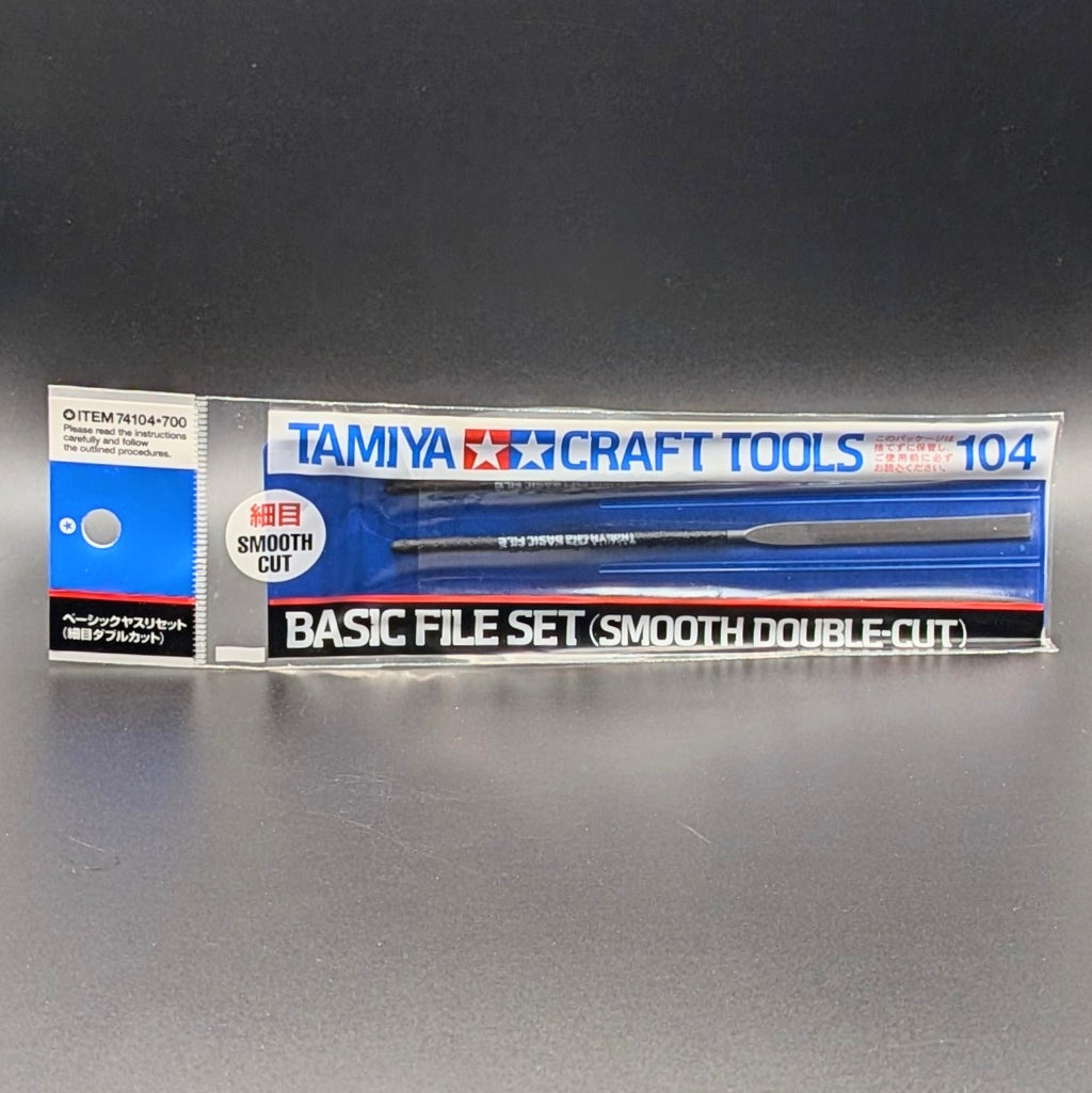 Tamiya Craft Tools Basic File Set (Smooth Double-Cut) model kit tool in its original retail packaging, displayed on a dark gray surface.