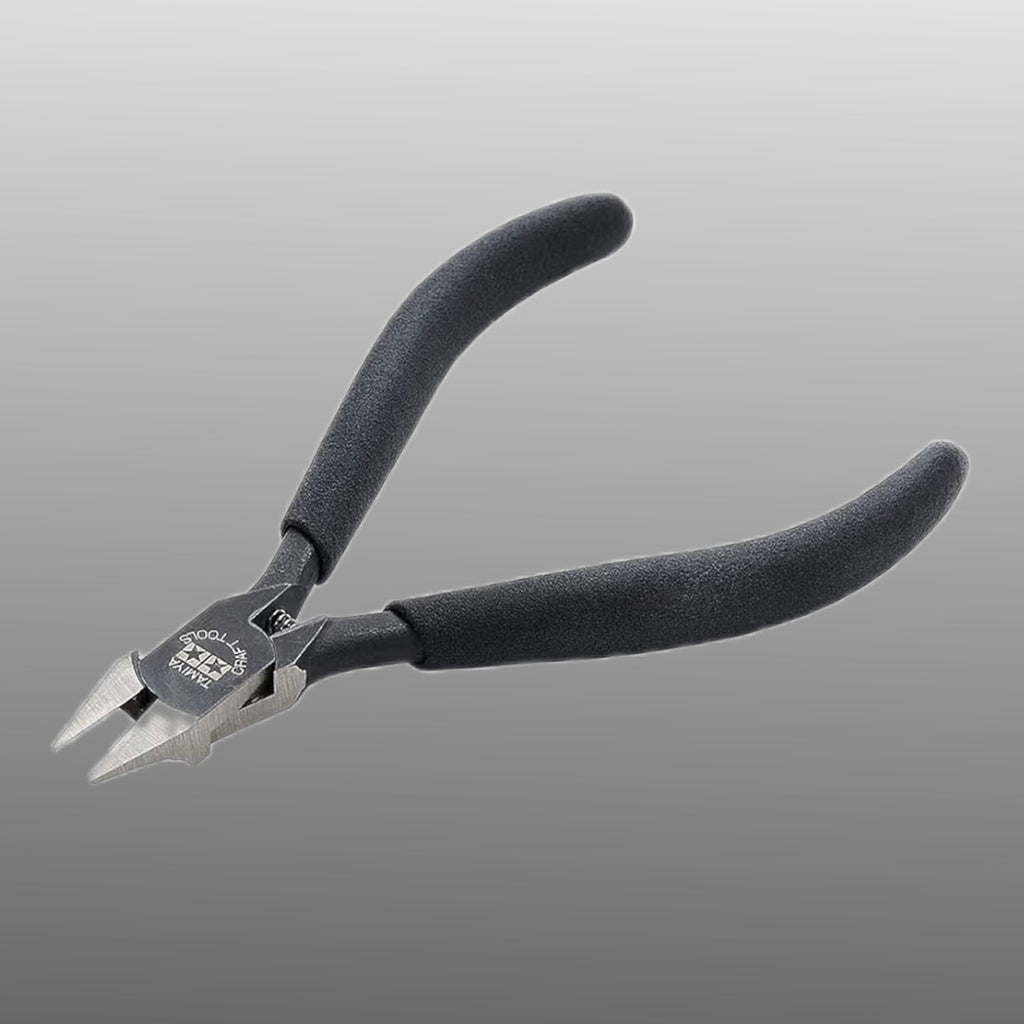 Tamiya Craft Tools Sharp Pointed Side Cutters with black handles, against a light grey background.