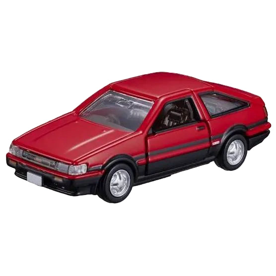 A red and black die-cast model car, resembling a Toyota Corolla AE86, shown from a three-quarters front angle on a solid white background.
