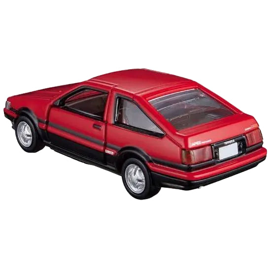 A red and black die-cast model car, resembling a Toyota AE86, shown from a three-quarters rear angle on a plain white background.