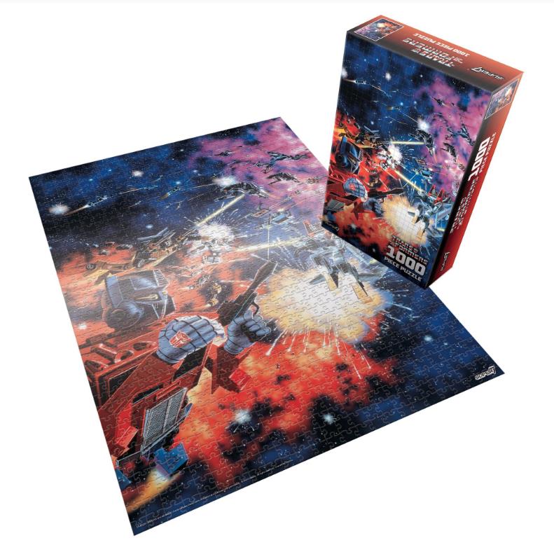 A completed 1000-piece jigsaw puzzle showing a space battle with Transformers and other robot characters, displayed next to its retail box on a white background.