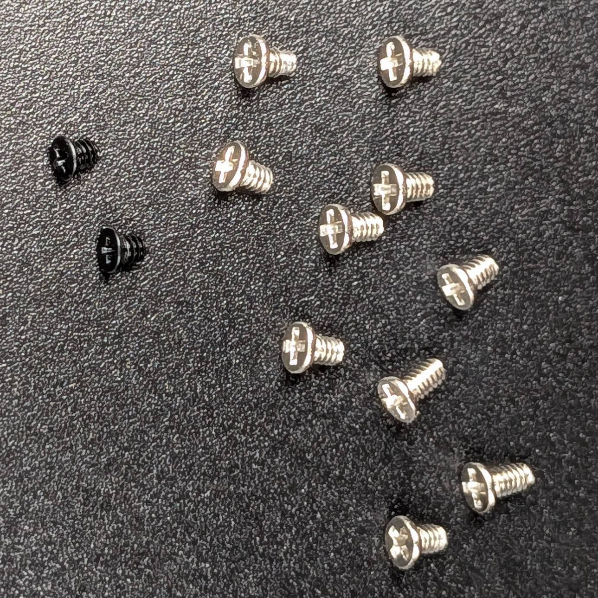 Twelve small screws on a textured black background, with ten silver screws and two black screw.