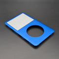 A bright blue aluminum replacement cover for an iPod Classic, featuring a  silver rectangular area and a circular cutout, shown on a dark gray background.