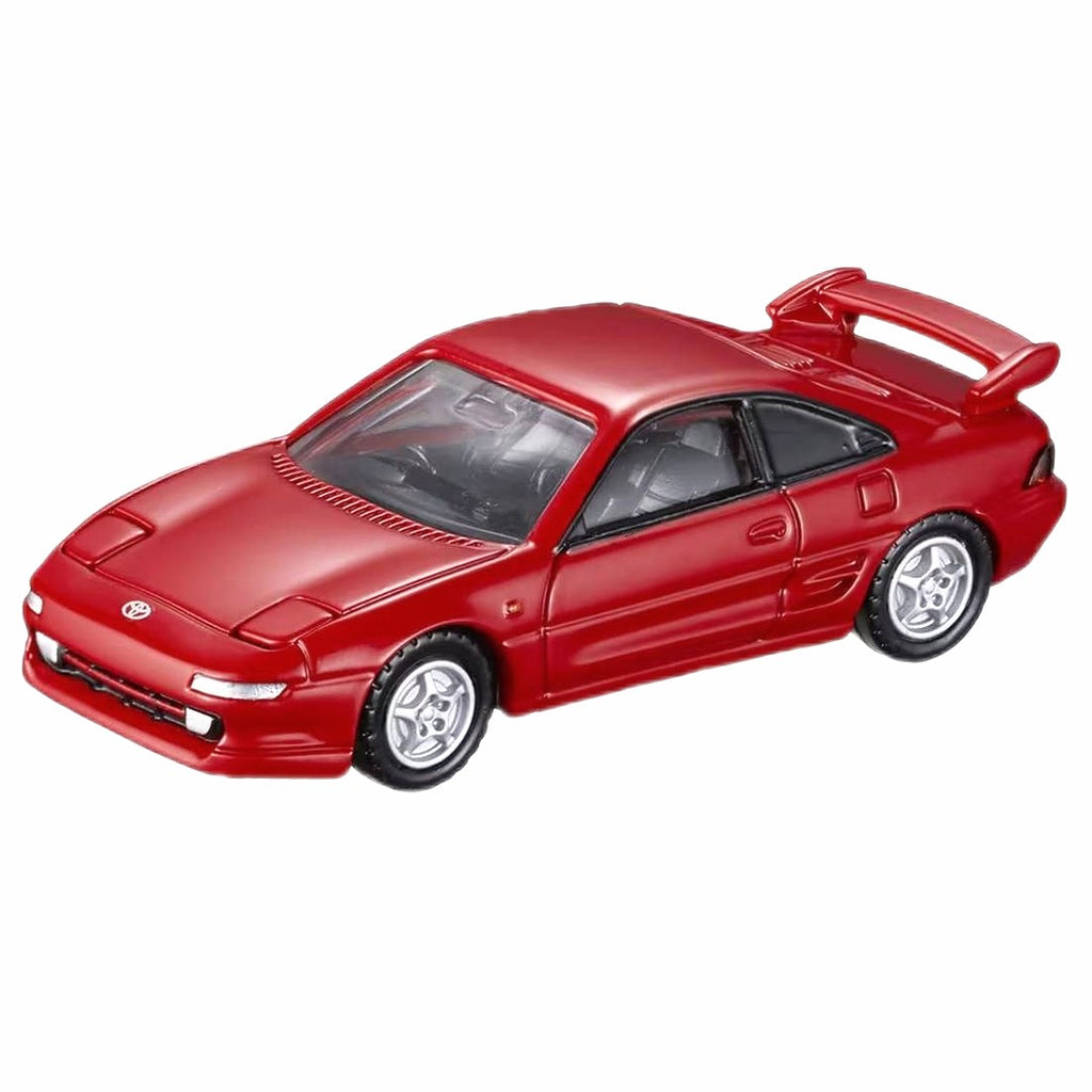 A red toy model car with a rear spoiler, silver wheels, and a small Toyota emblem on the front grille, shown on a plain white background.